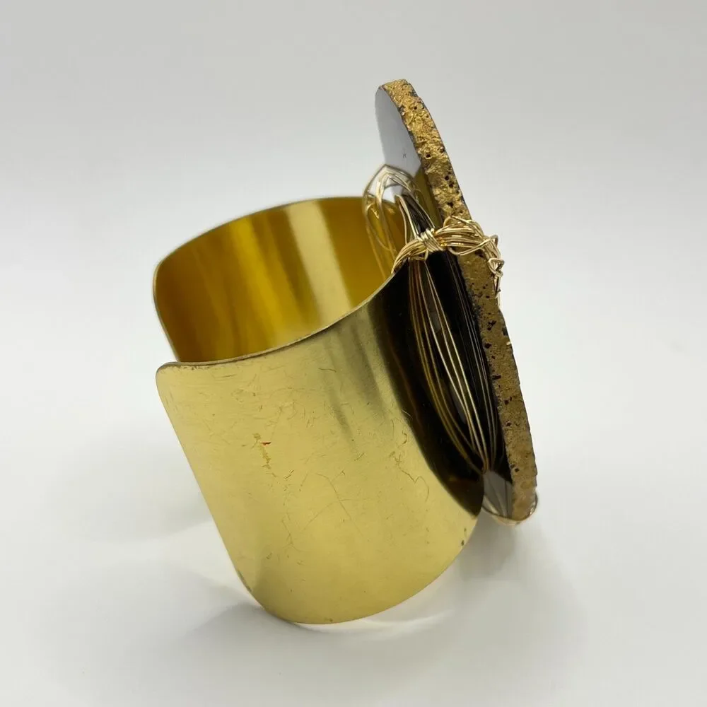 Black Wire Wrapped Geode Cuff Bracelet Gold Tone Metal Agate Slice Stone Mens